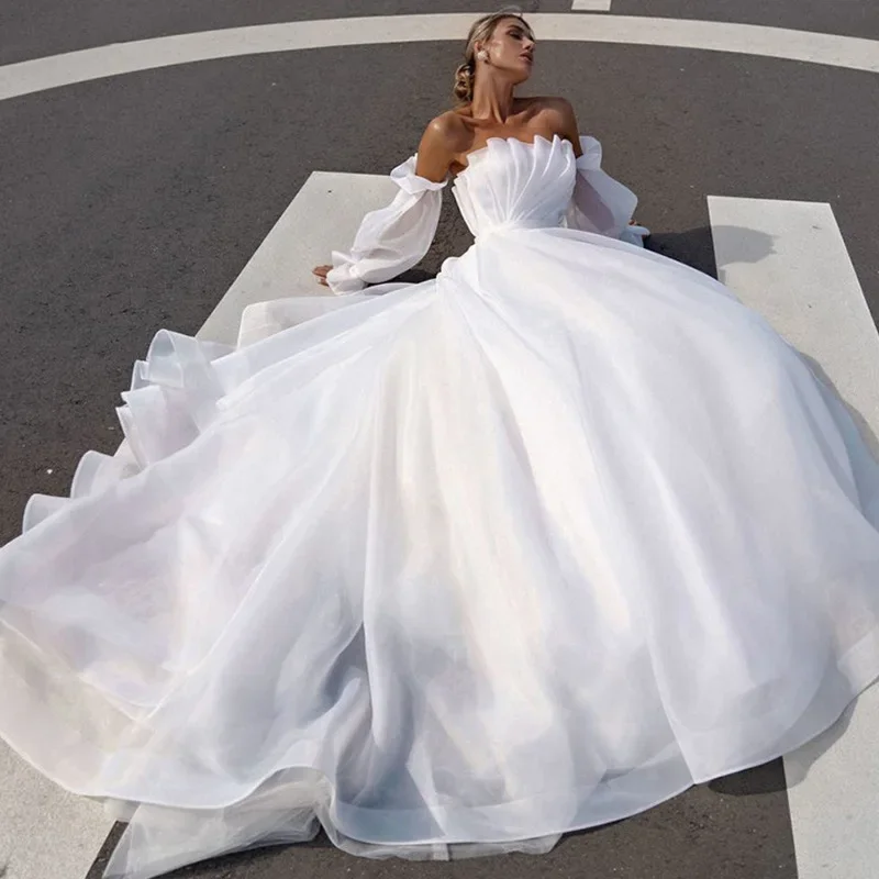 French White Organza Strapless Wedding Trailing Dresses for Bride 2024 Elegant Long Sleeve Prom Evening Guest Party Women Dress