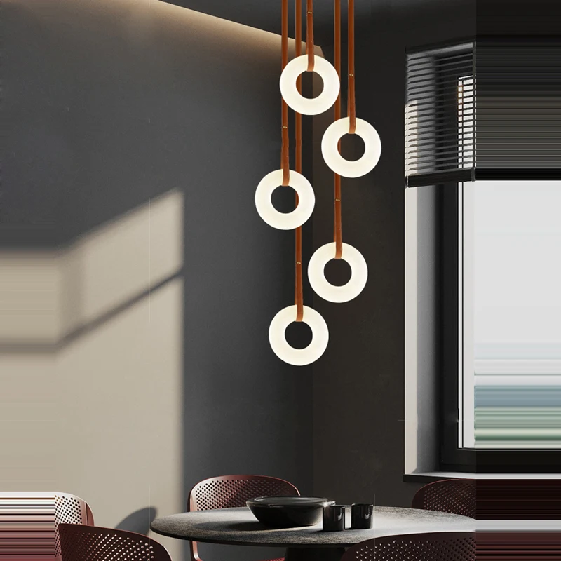LED Classic Marble Ring Brown Dark Leather Belt Hanging Lamps Lustre Pendant Light Suspension