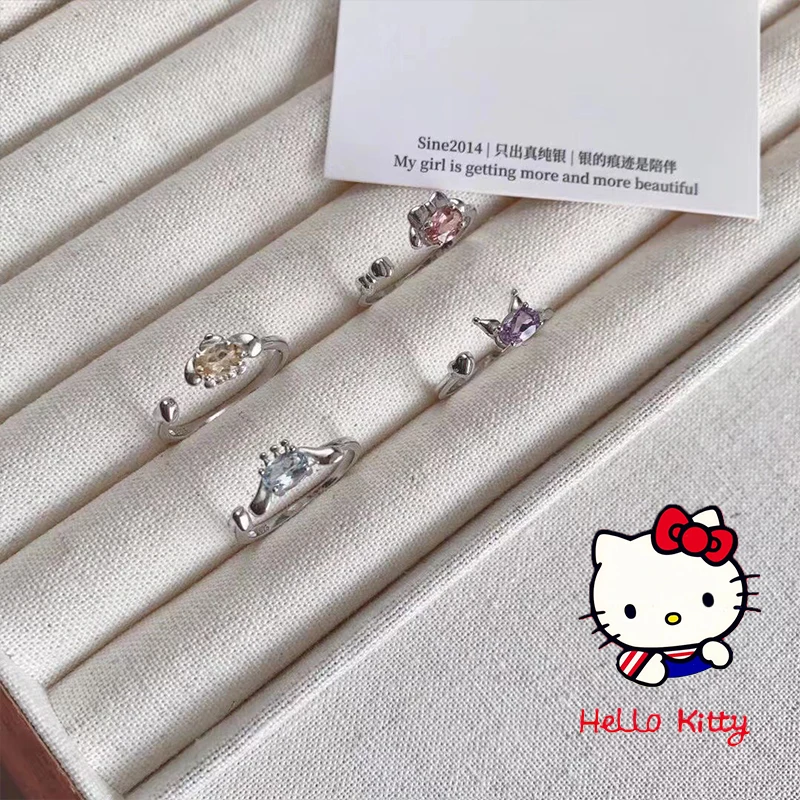 Light Luxury Style Sanrio Kuromi Ring Cute Cartoon Cinnamoroll Melody Adjustable Simple Elegant Crystal Ring Jewelry Accessories