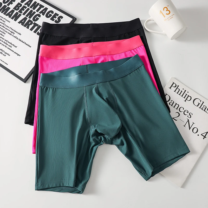 Men\'s Boxer Shorts Ice Silk Underwear Solid Sexy Panties For Man Breathable U Pouch Middle Long Leg Underpants Cueca Calzoncillo