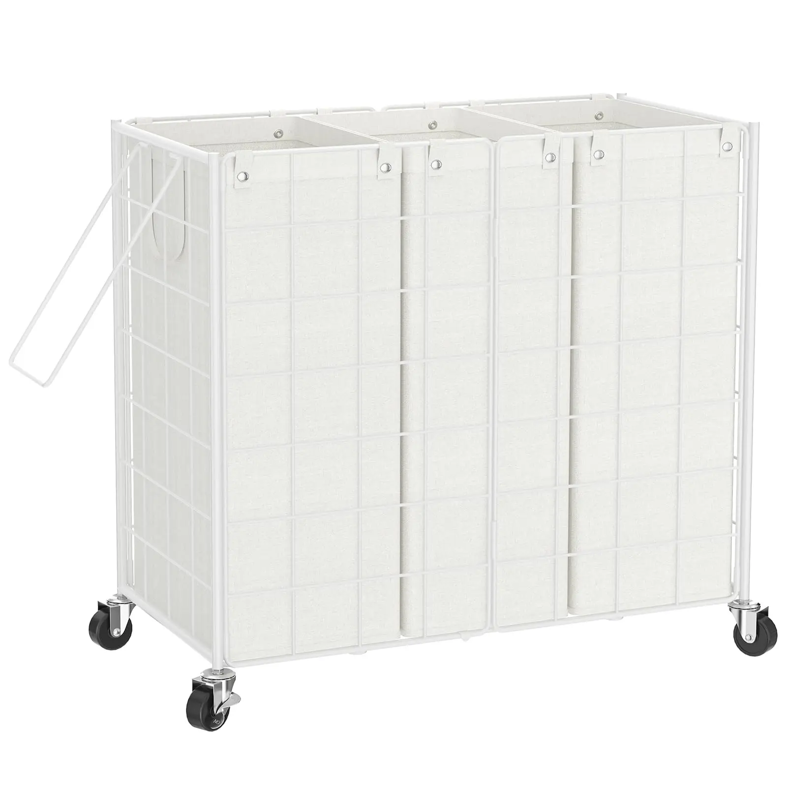 

3-Compartment Rolling Laundry Sorter With Removable Fabric Bins, Metal Grid Frame On Casters, 100L Capacity For Bedroom Bathroom