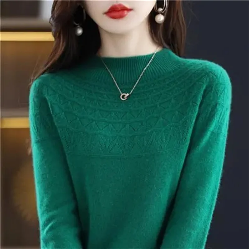 New Cashmere Sweater Autumn Winter 100% Pure Wool Women\'s Bottoming Shirts Knitted Pullover Hollowed-out Knitwear Soft Jumpers