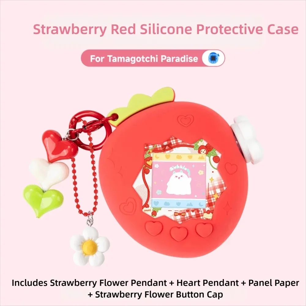 Silikonowa osłonka ochronna na Tamagotchi Paradise Uni, urocza, czerwono-różowa, z motywem truskawki, dekoracyjna osłonka na pokrętło z papierowym panelem. — zdjęcie produktu 7