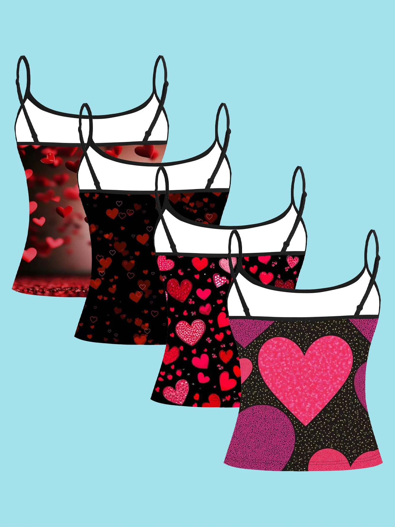 4-Piece Set of Y2K Heart-Printed Sweet and Cool Camisoles, Black Base with Red and Pink Glitter Hearts, Romantic Girly Slim-Fit Spaghetti Strap Sleeveless Tops for Outerwear or Layering