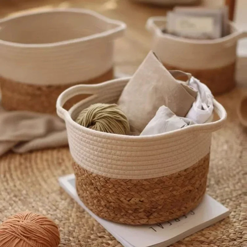 Straw woven cotton rope storage basket, large size, household Desktop Miscellaneous Basket, Storage Bathroom Dirty Clothes Baske