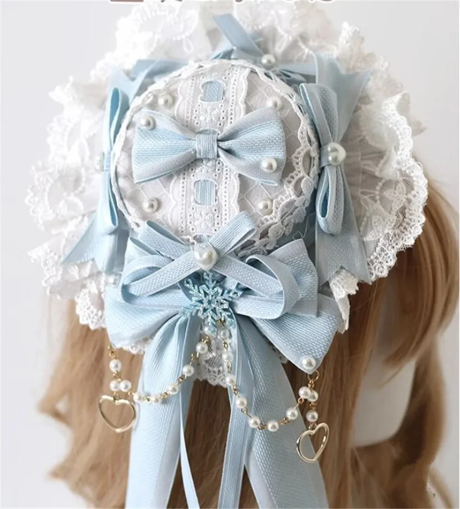 

Light Blue Christmas Princess Lace Bow Lolita Hat Cosplay Women Girl HairClip Headdress B2553