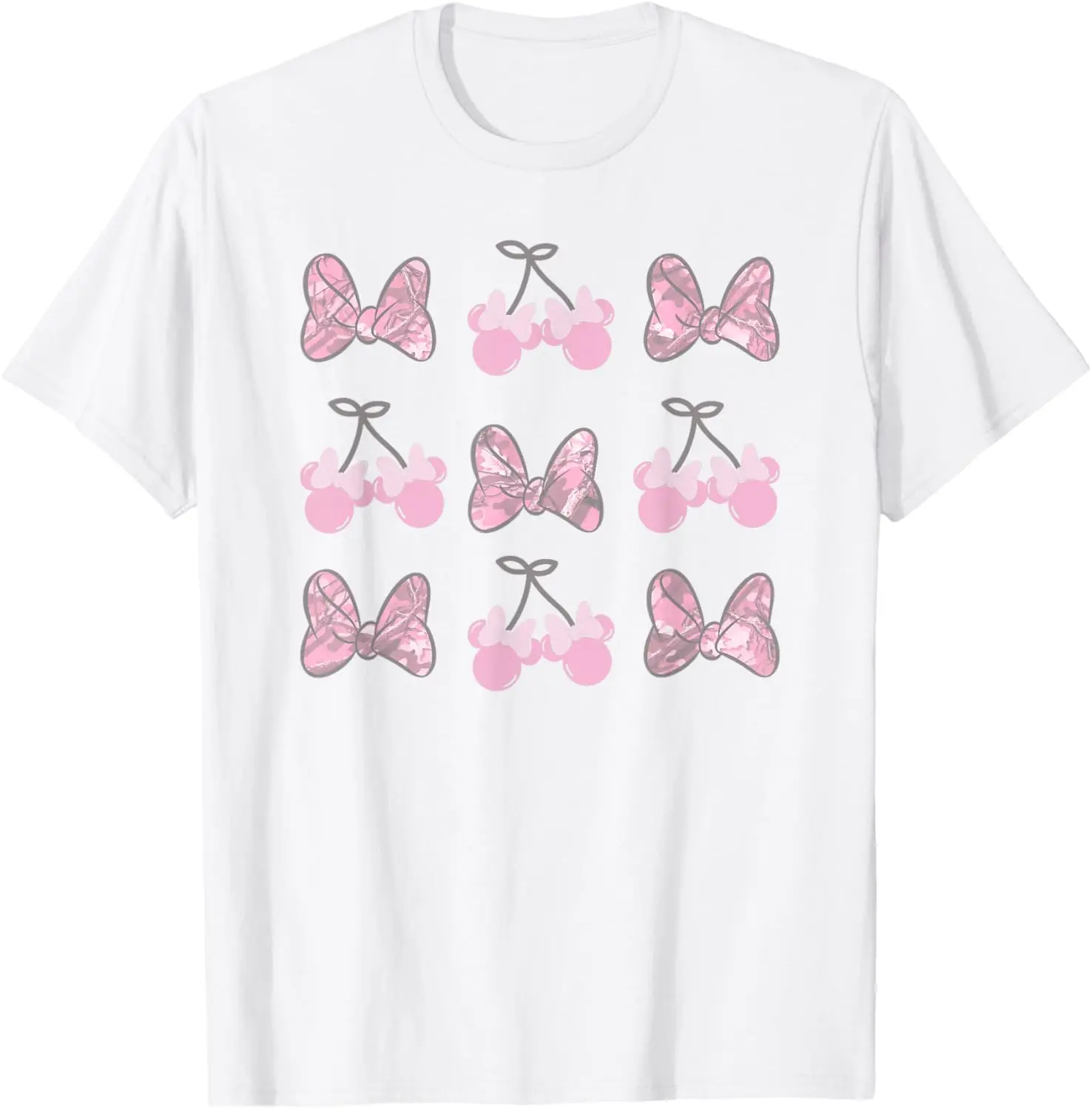 Minnie Mouse Pink Camo Retro Bow Grid T-Shirt 100% Cotton Trendy Y2K Short-Sleeve Tee-Soft, Quick-Drying, Moisture-Wicking;