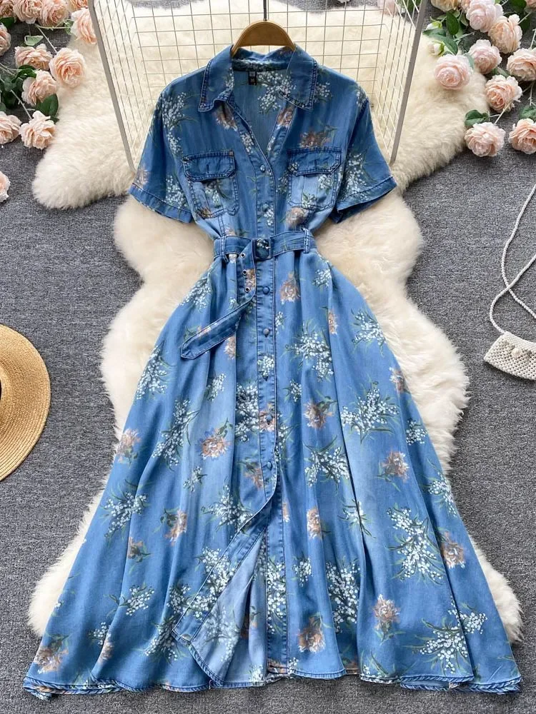 

Summer Flower Print Denim Dress Women's V Neck Short Sleeve Shirt Collar Single Breasted Pocket Belt Casual A Line Vestidos