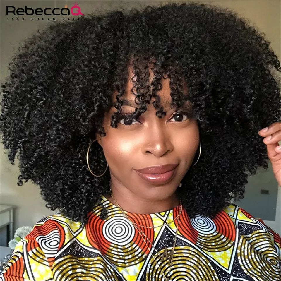 Short Curly Afro Wig With Bangs For Black Women Human Hair Afro Kinky Curly Wig Wear to go Glueless Full Machine Wig 250 Density