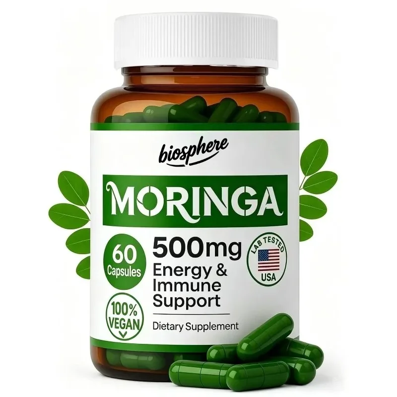 Moringa Pure Capsules 500 mg - Moringa Oil Tea Powder Supplement Green Superfood