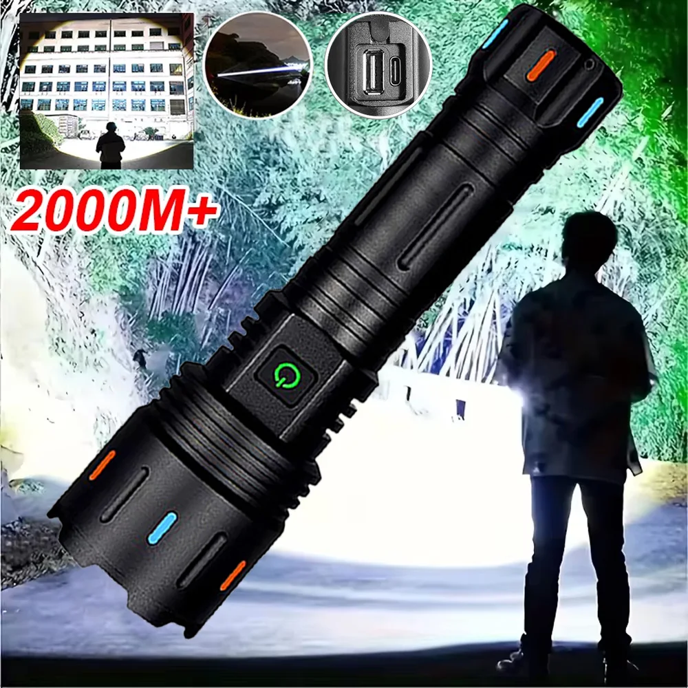 

1000000LM Ultra Powerful Flashlight Rechargeable 800W LED Flashlights High Power Zoom Torch Long Range 2000m Tactical Lantren