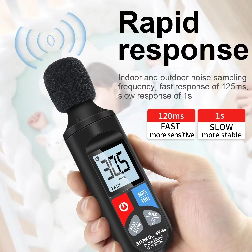 

SNAKOL SK-38 Digital Sound Level Meter MAX/MIN Data Hold Noise Tester 30-130dB Decibel Meter with LCD Display for Workshop