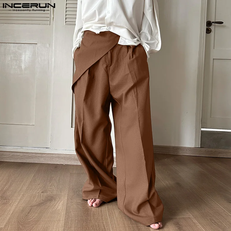 

INCERUN 2024 Korean Style Pantalons New Men's Pleated Wide Leg Long Pants Leisure Streetwear Male Solid All-match Trousers S-5XL