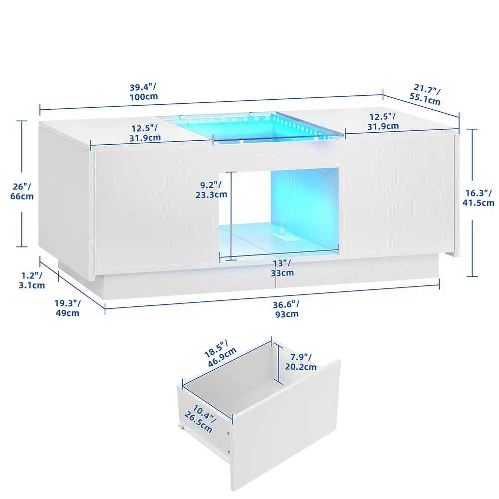 LED Coffee Table Modern Center Table with Charging Station Large Storage Drawers