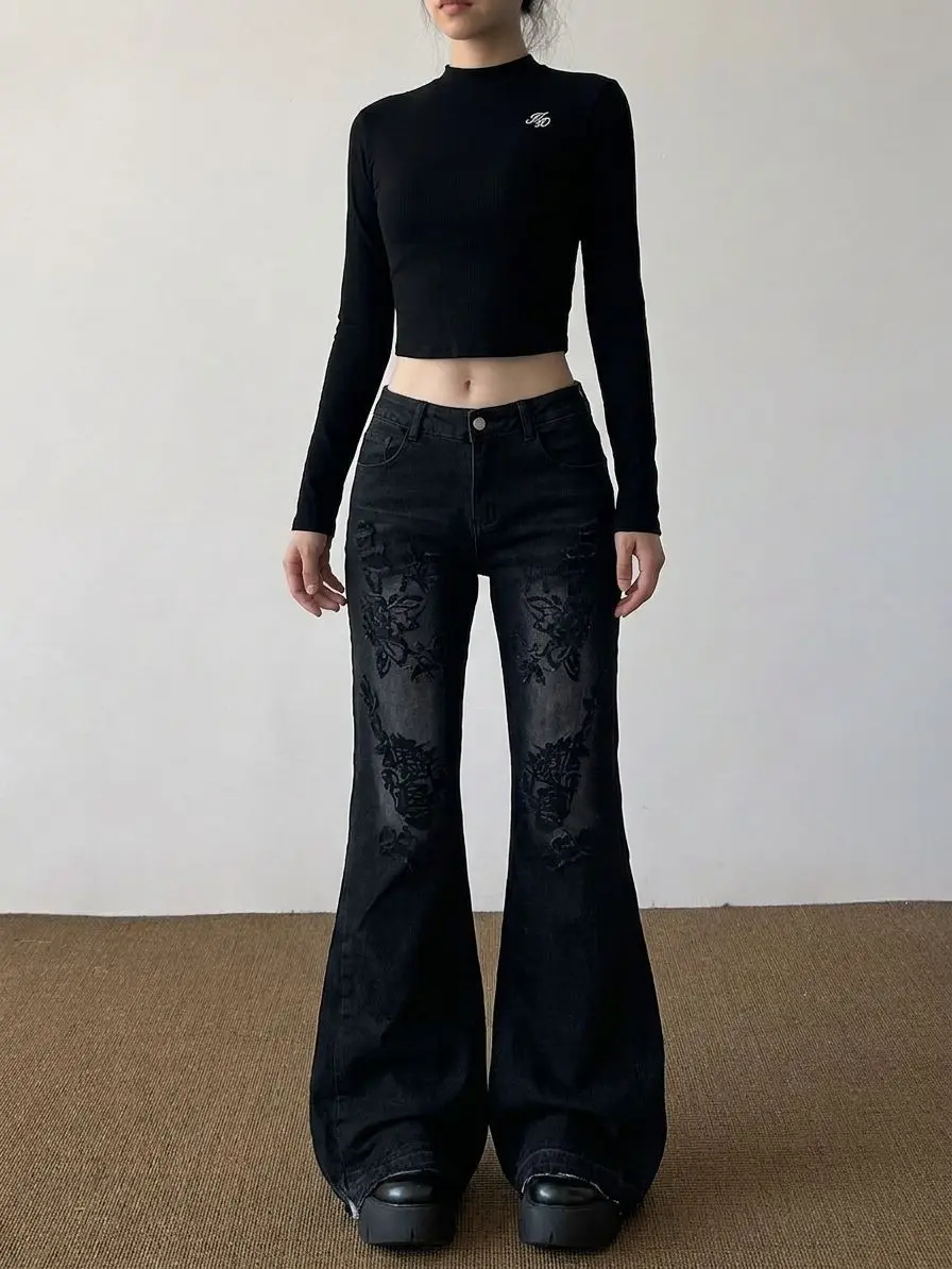 Women's Printed Pattern Black Flared Jeans Summer Girl Casual Wide Leg Pants Street Bottoms Female High Waist Denim Trousers