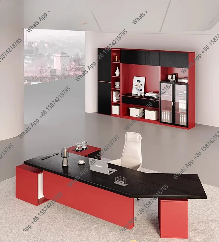 Black solid wood boss table with side cabinet, wireless charging socket, law firm office tea table integrated
