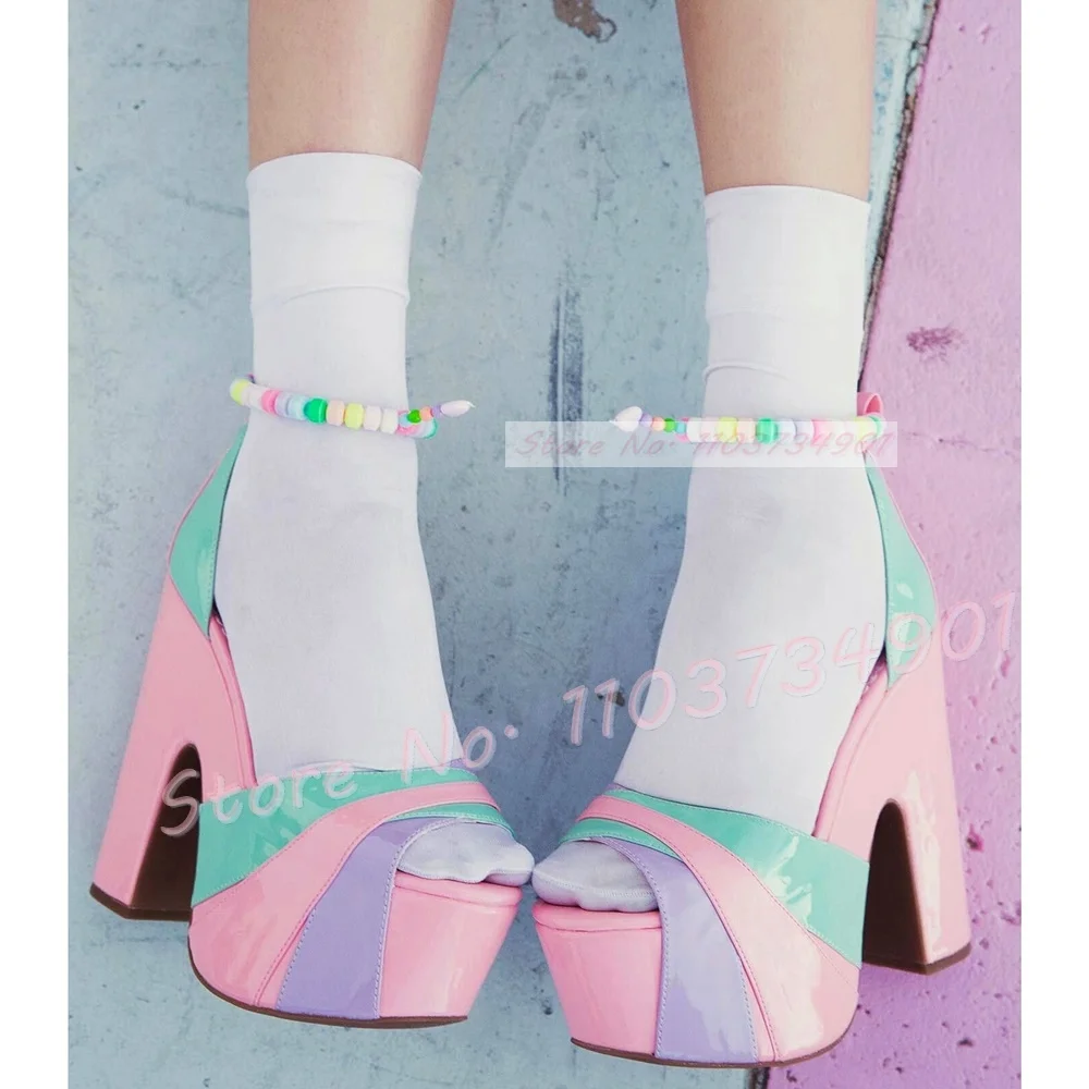 Cute Pastel Platform Chunky Heel Sandals Women Sweet Colorful Open Toe String Bead Shoes Ladies Ankle Strap Splicing Sandals