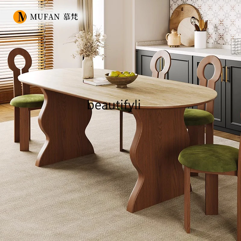 Retro solid wood rock slab dining table rectangular household dining table  modern and simple