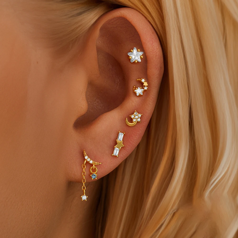 5PCS Fashion 18K Gold Plated Star Moon Stud Earrings Set for Women Stainless Steel Unique Statement Earring Piercing Jewelry