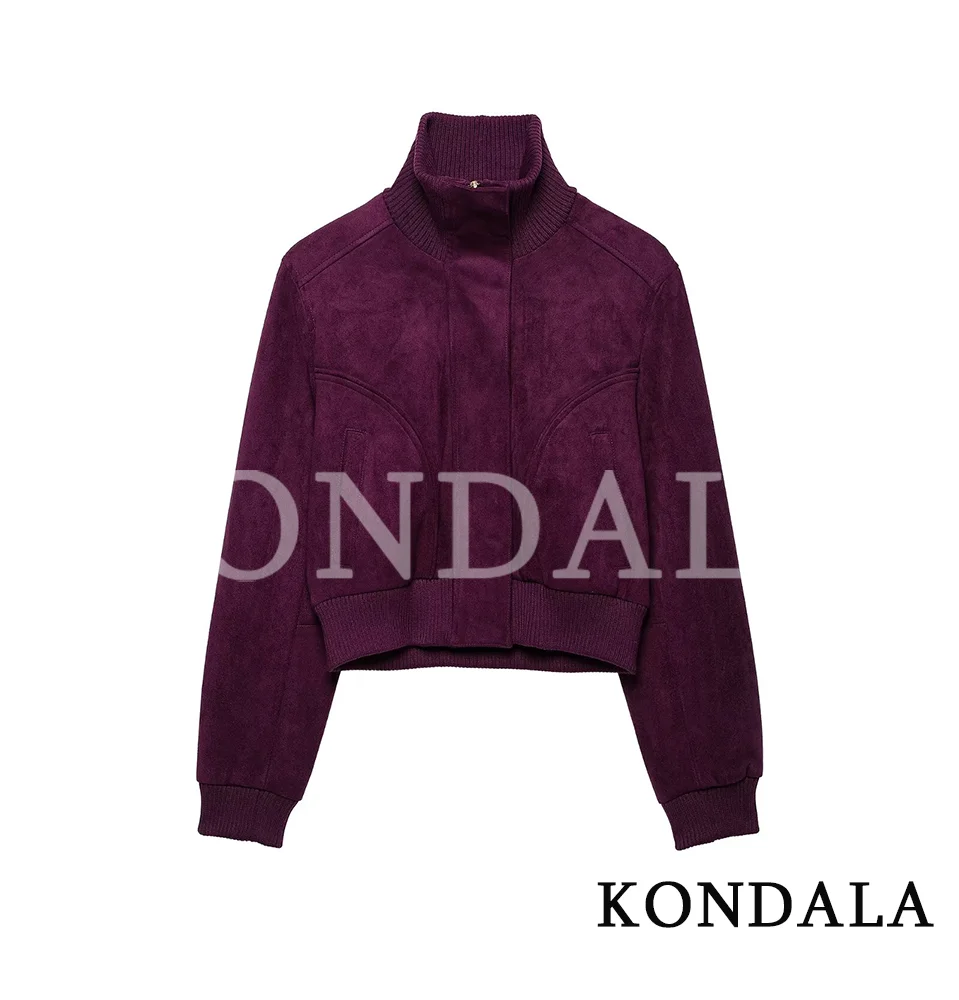 KONDALA Damen Vintage Kunstwildleder Kurze Jacke Schicke Gerippte Stehkragen-Reißverschlussjacke 2026 Herbst Winter Streetwear Freizeitjacke – Detail 2