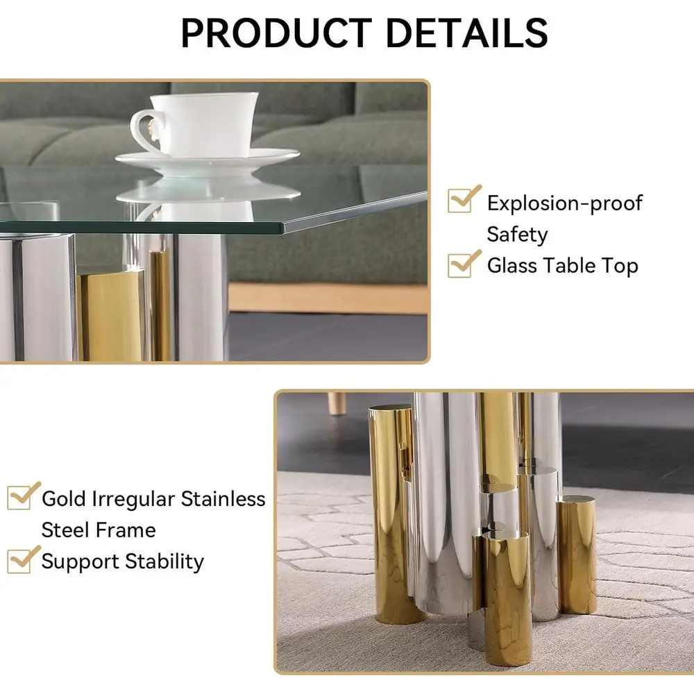 Modern 48 Rectangular Clear Glass Coffee Table with Gold Stainless Steel Frame for Living Room