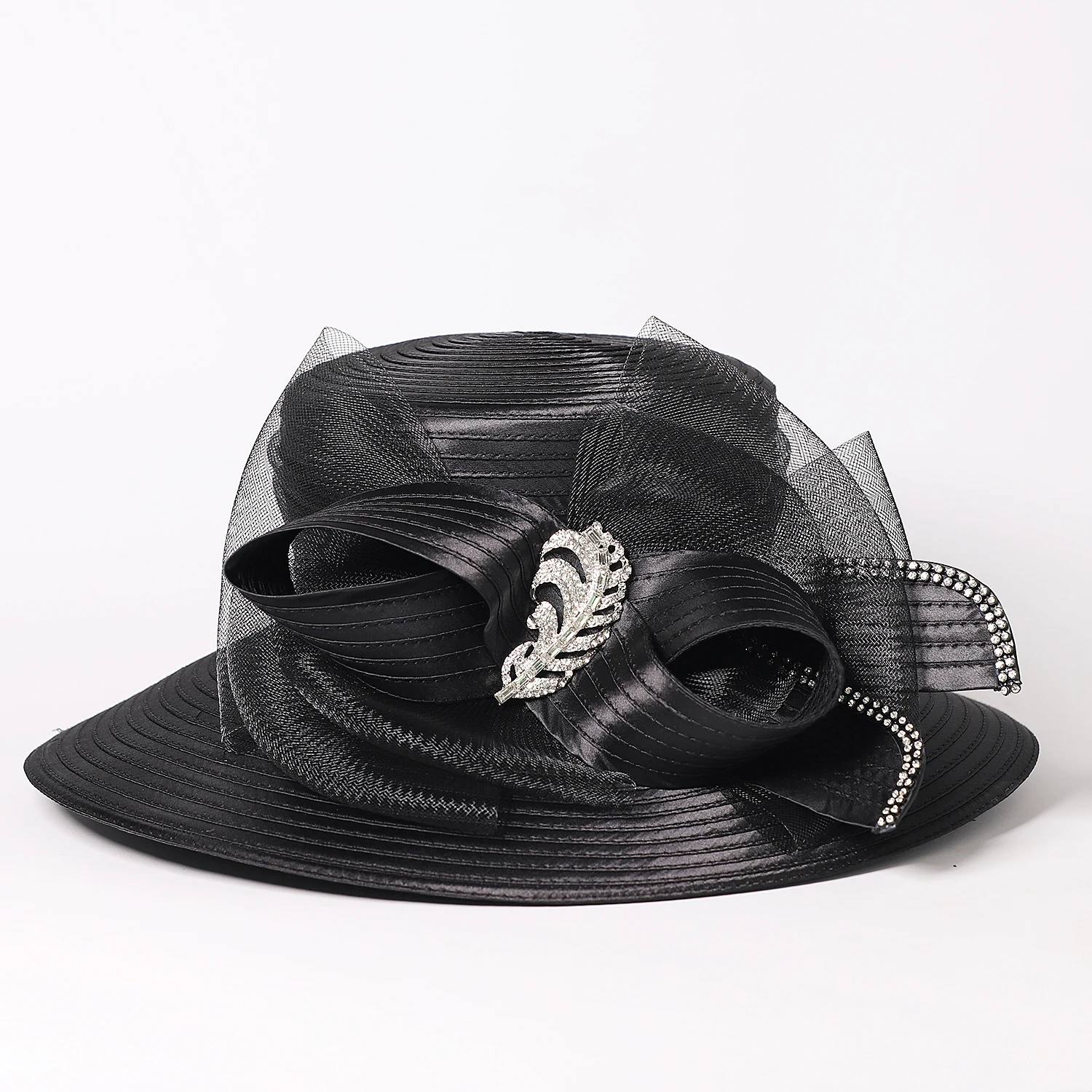 FS Luxury Wedding Bridal Cap For Women Elegant Black Champagne Bowler Hat With Bow Wide Brim Flat Top Party Bucket Hats 2024