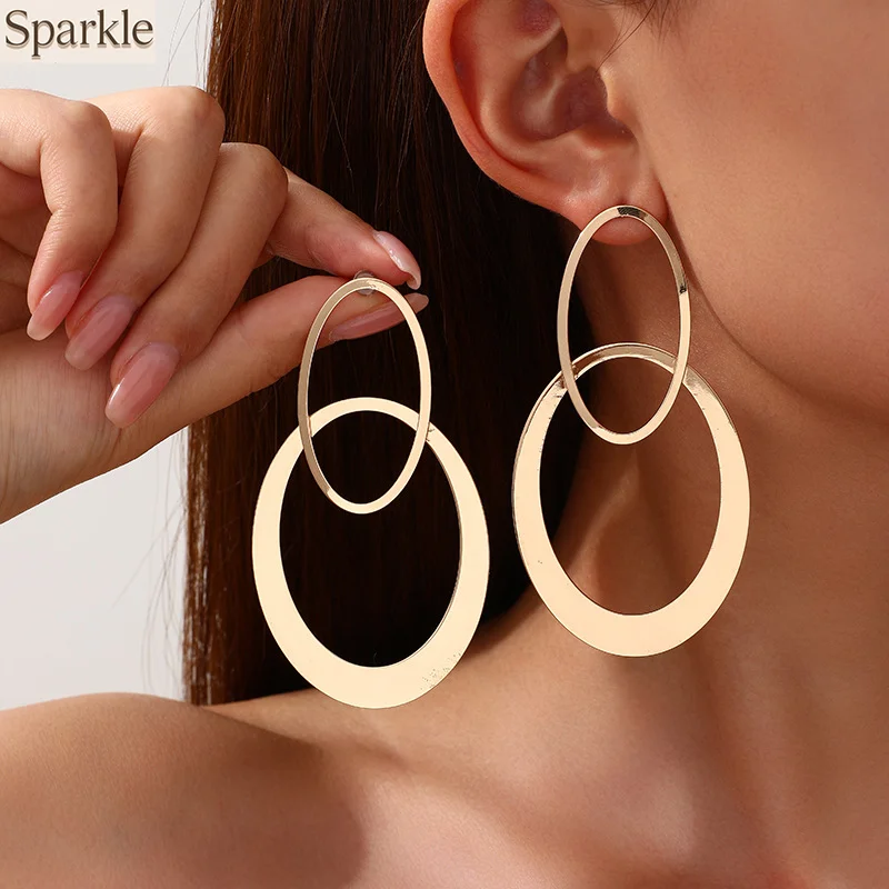 

Fashion Geometric Double Oval Hollow Earrings for Women Trendy exaggerate Versatile Big Drop Earrings Party Jewelry Accessory
