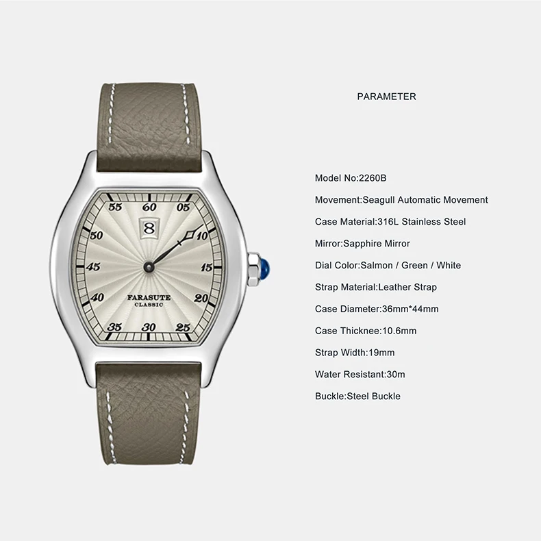 FARASUTE Men Automatic Watch 36mm*44mm Tonneau Jump Hour Luxury Watches Mechanical Wristwatch Sapphire Waterproof ST17