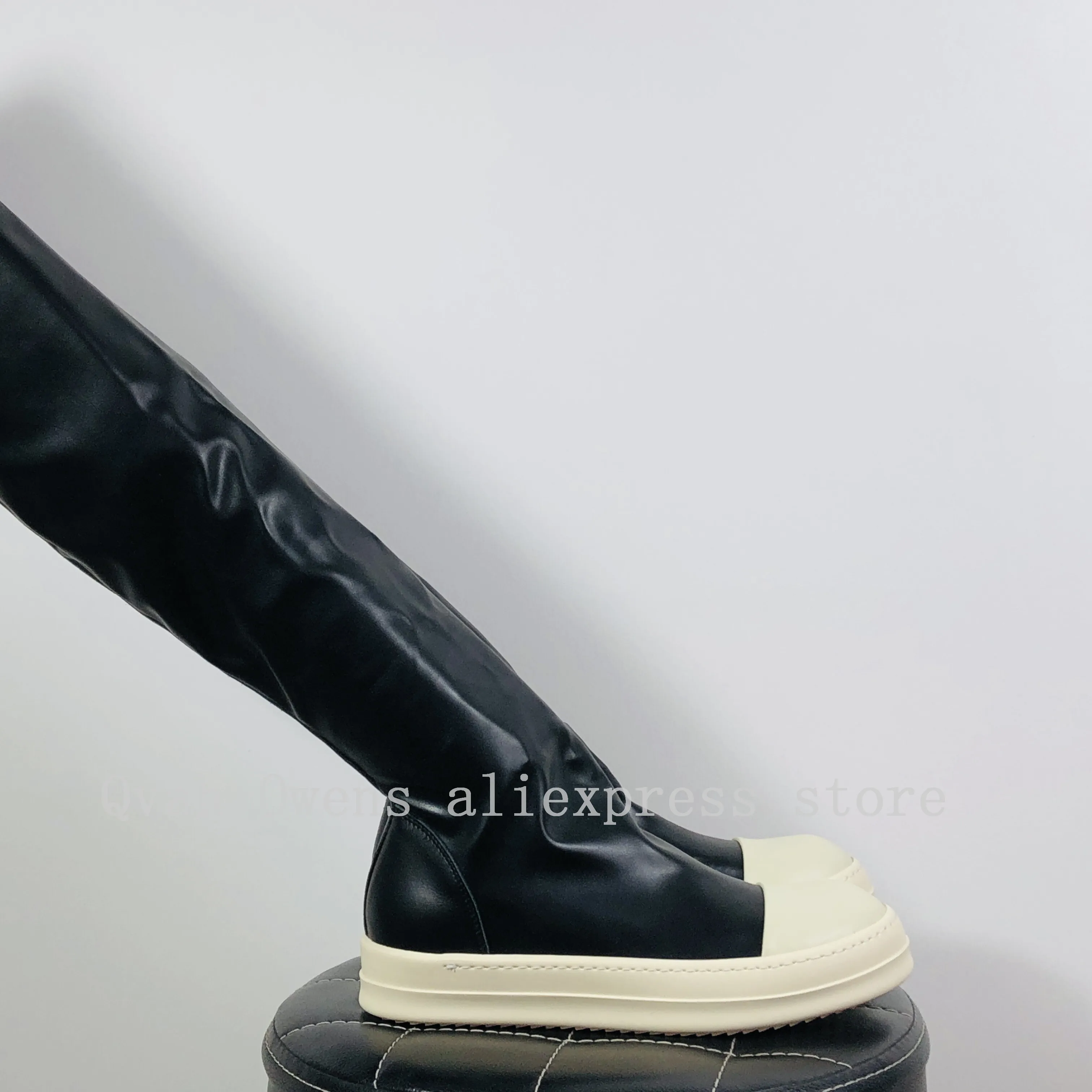 Botas por encima de la rodilla para mujer, zapatillas informales de lujo de cuero PU, zapatos planos altos para primavera y otoño, color negro