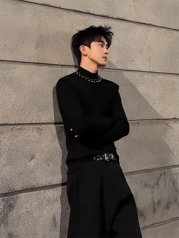 

Cool Bla Men's Slim Fit Long Sve Knitted Sweater Versatile f High Collar Embellied with Beads Casual Winter Top