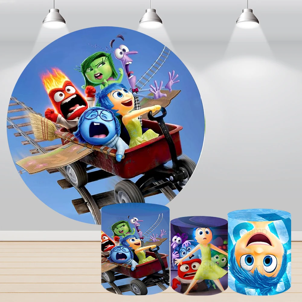 Pixar Inside Out Movie Backdrop Round Cylinder Cover Children Girl Party Birthday Photography Background Pedestal Banner Decor