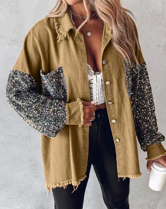 Donna moda contrasto paillettes orlo grezzo Shacket abbigliamento Casual da donna nuovo autunno Colorblock femminile manica lunga cappotto allentato