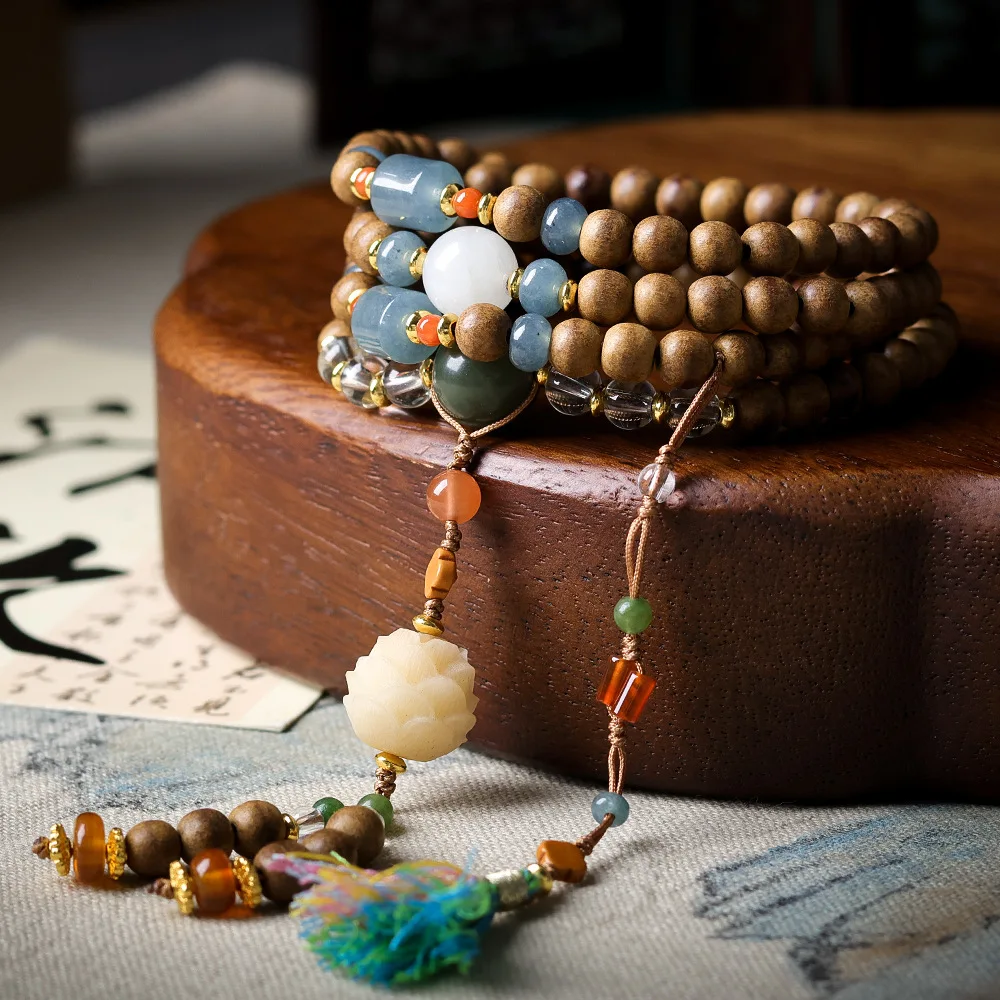 Multi Wrap Butter Agarwood Bracelets Bodhi Root Lotus Tian Shan Green Agate Red Agate Wooden Necklaces for Women Gifts