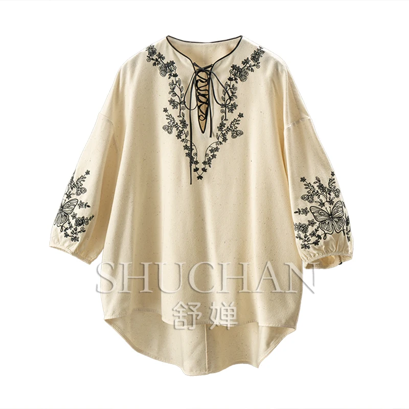 

High Luxury Niche Positioning Embroidery 100 Silk Nine-quarter Sleeve Shirt Women Blouse for Women Blusa Feminina