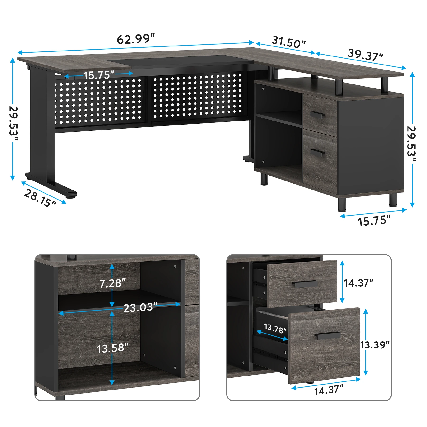 Tribesigns 63 Inch Executive Desk with File Cabinet, Large Office Desk L Shaped Computer Desk with Drawers and Storage Shelves