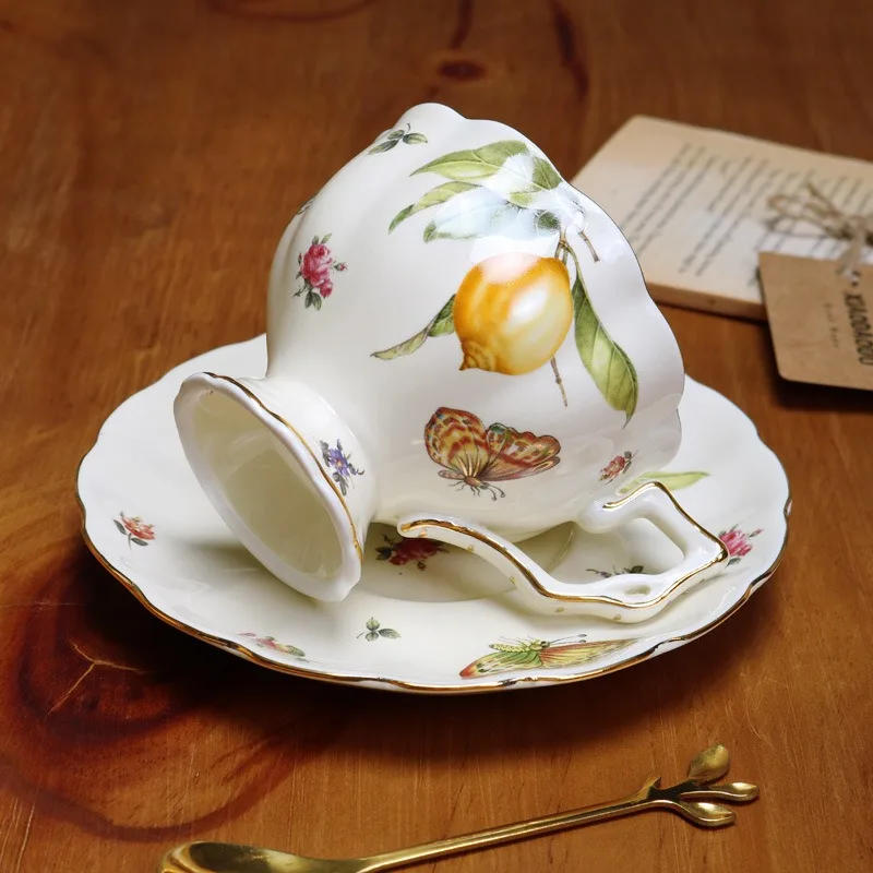 JUSTINLAU Lemon Espresso Cups Elegant Tea Set European Style Tea Cup and Saucers Set Ceramic Mug Coffee Cup Set Dessert Plate