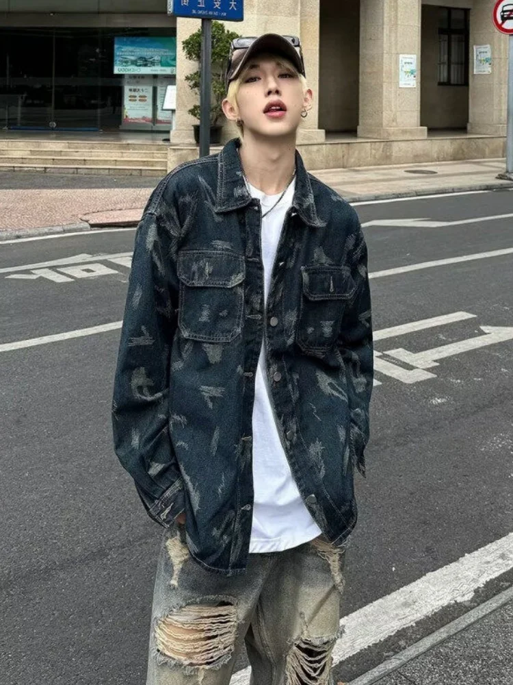 

Корейская джинсовая куртка в стиле рабочей одежды с эффектом потертости, мужская, весенняя, новая, ретро, высококачественная, с воротником с эффектом потертости, модная и стильная.
