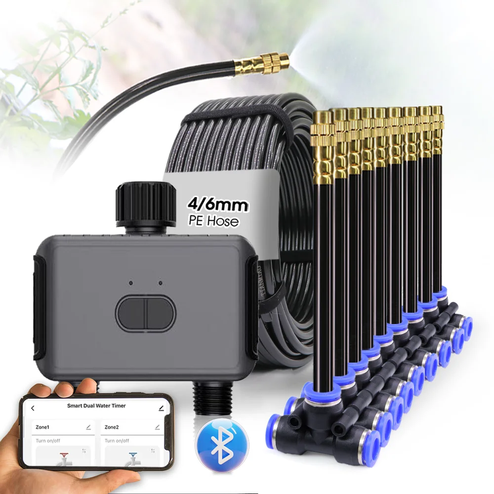 Bluetooth Wifi Dual Zone Independent Irrigation Timer Atomization Cooling Kit Gardening Garden Automatic Cooling Watering Kit