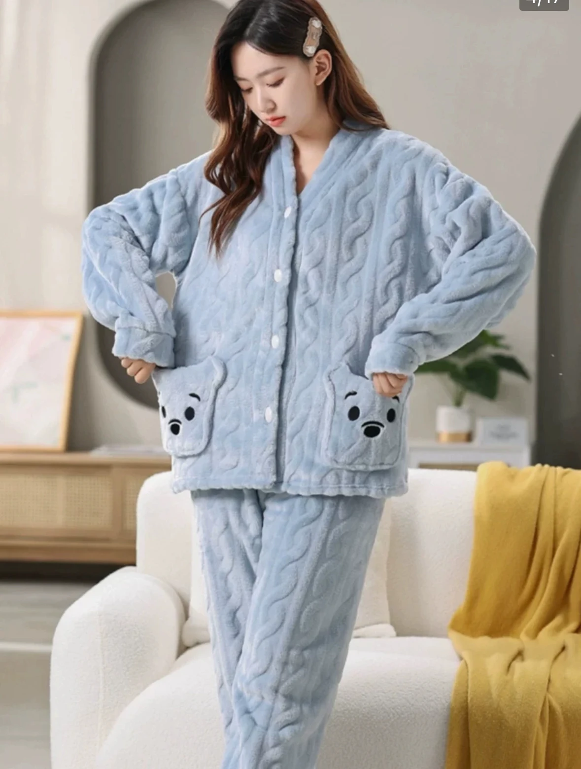 New Autumn and Winter Coral Velvet Women's Pajamas Set Plus Velvet Thickening Warm Cartoon Cute Fun Bear Home Clothes