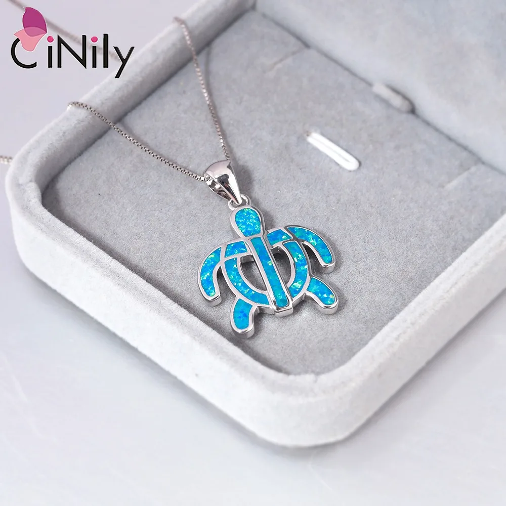 CiNily Created White/Blue Fire Opal Silver Plated Tortoise shaped Pendant Necklace For Women Jewelry Christmas Gifts 1 3/8