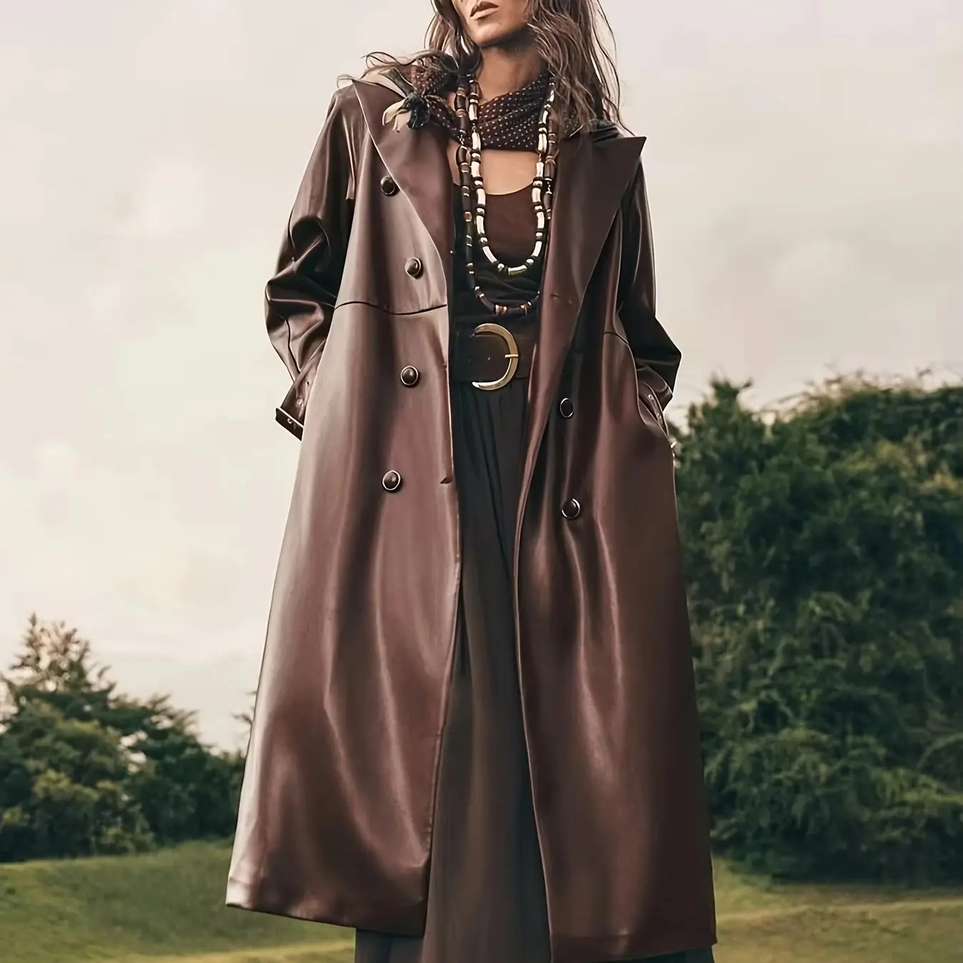 European and American Retro Style Dark Brown Faux Leather Long Coat with Large Lapel, Tie Waist, Pu Leather Trench Coat for Women, Double-Breasted Lapel, Tie Waist, Pu Leather Coat for Autumn and Winter