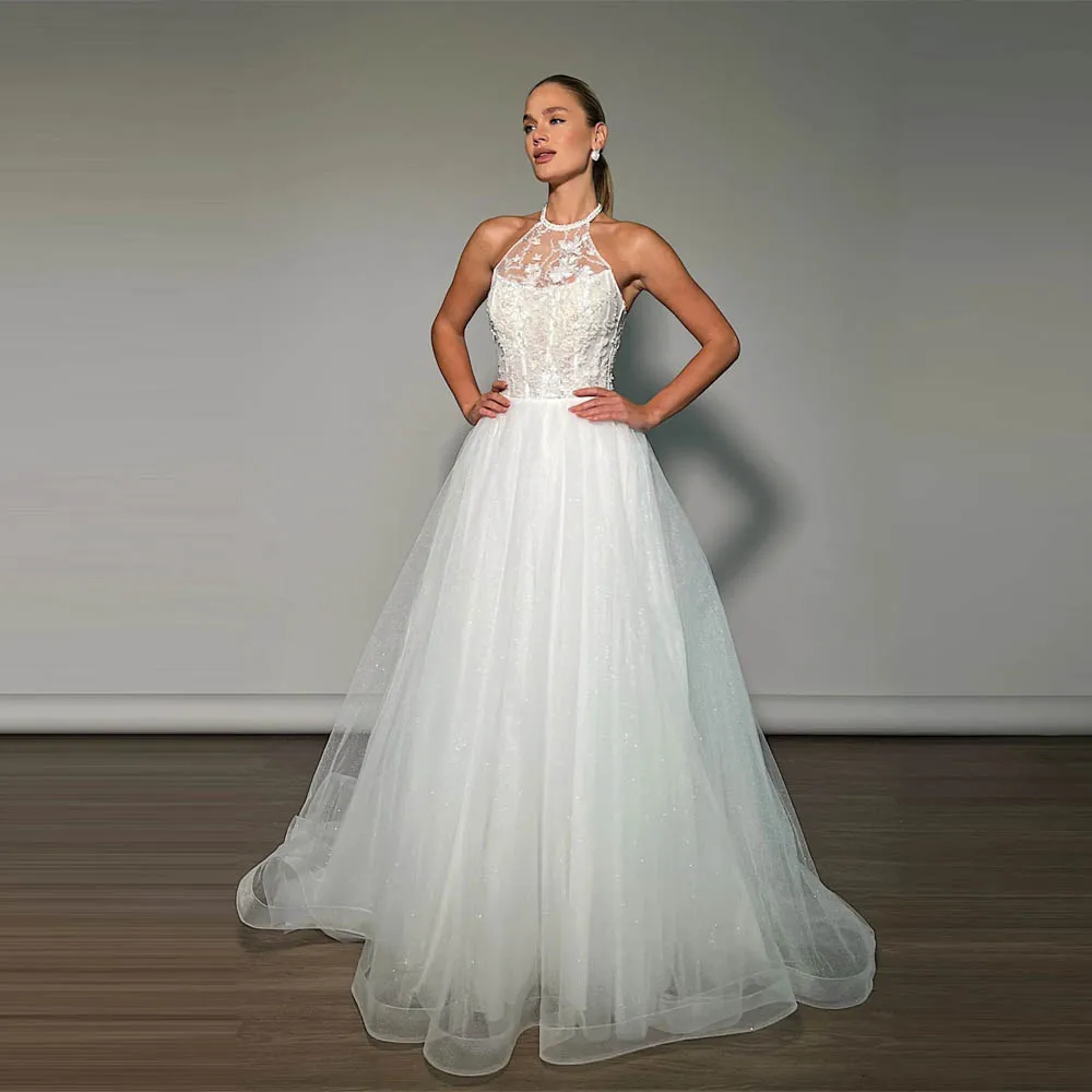 

Элегантные женские свадебные платья трапециевидной формы, тюлевые свадебные платья без рукавов с лямкой на шее, длина для мытья полов, бальное платье Vestidos De Novias 2021, индивидуальный заказ