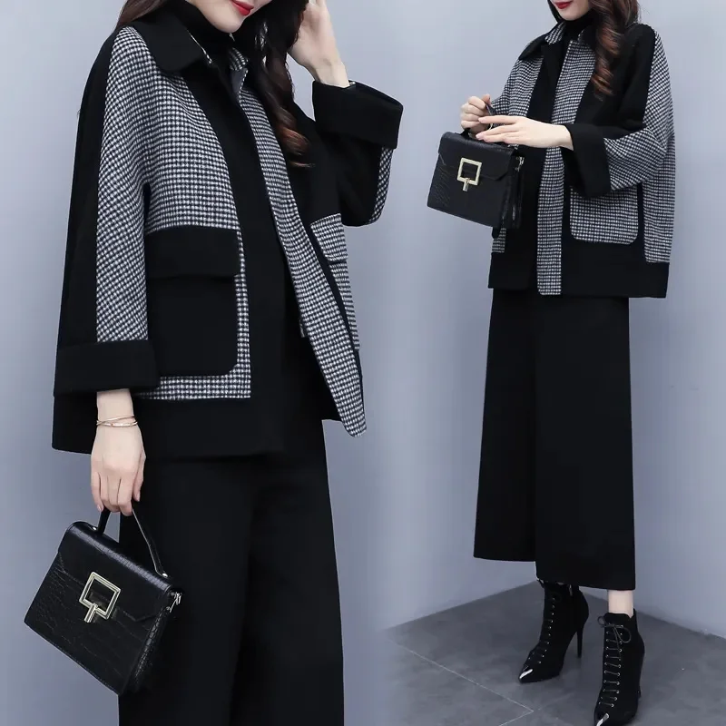 Single Piece/Suit Female New 2023 Autumn and Winter Woolen Two-Piece Set Plaid Coat Wide Leg Pants Fashion Suit Female Commuting