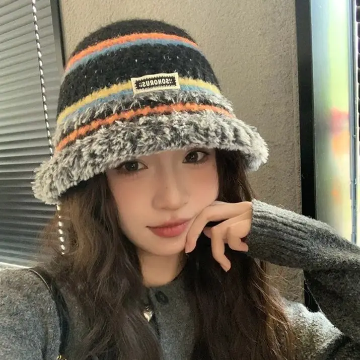 Sweet Dopamine Color Knit Fisherman's Korea Autumn Winter Velvet Edge Ear Protection Basin Hat Girls Warm Hat