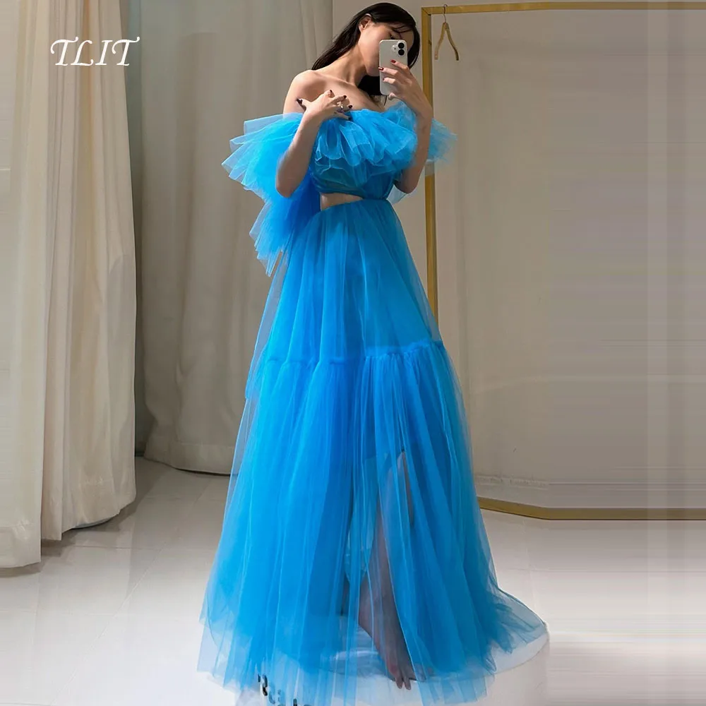 

TLIT Simple Light Blue Tulle Evening Dress이브닝 드레스 Korea Wedding Dresses Photo Shoot Strapless Prom Gown Customized