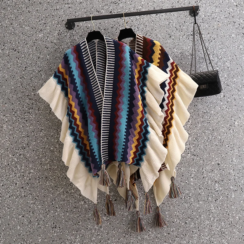 plus Size Women's Knitwear Coat  Stripes Ethnic Style Sweater Cardigan Korean Version Loose Fit V-Neck Mid-Length