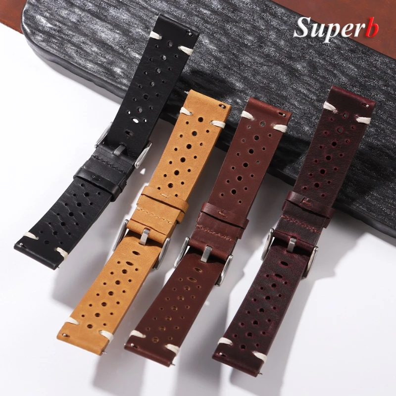 النفط الشمع جلد البقر جلد طبيعي حزام (استيك) ساعة 20 مللي متر 22 مللي متر اليدوية الرجعية حزام الصلبة الصلب أبازيم للرجال النساء تنفس سوار