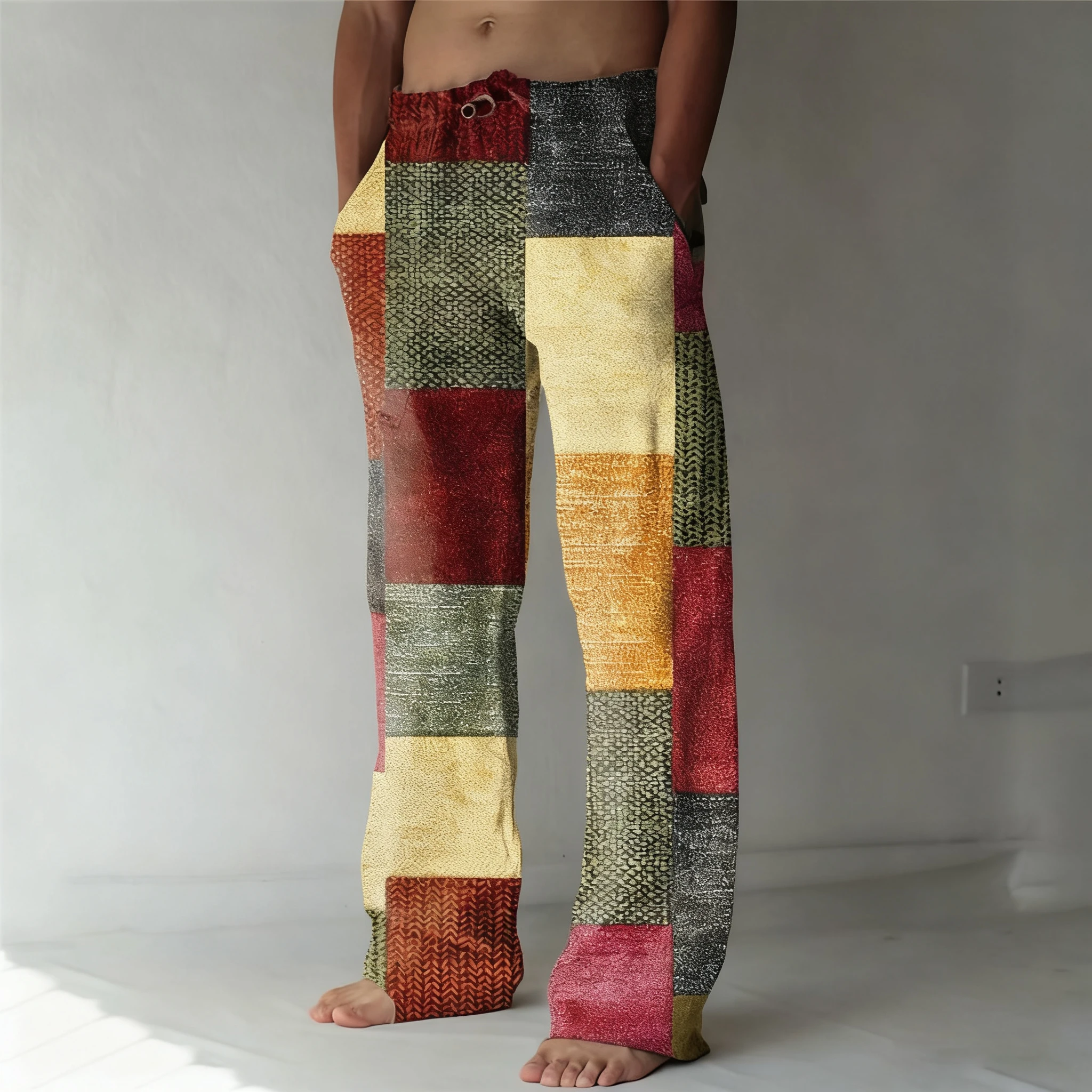 

Men's Color Block Geometric Pattern Pants Trousers Pajama Pants Elastic Waist Casual Home Pants Wide-leg Trousers Men Clothing