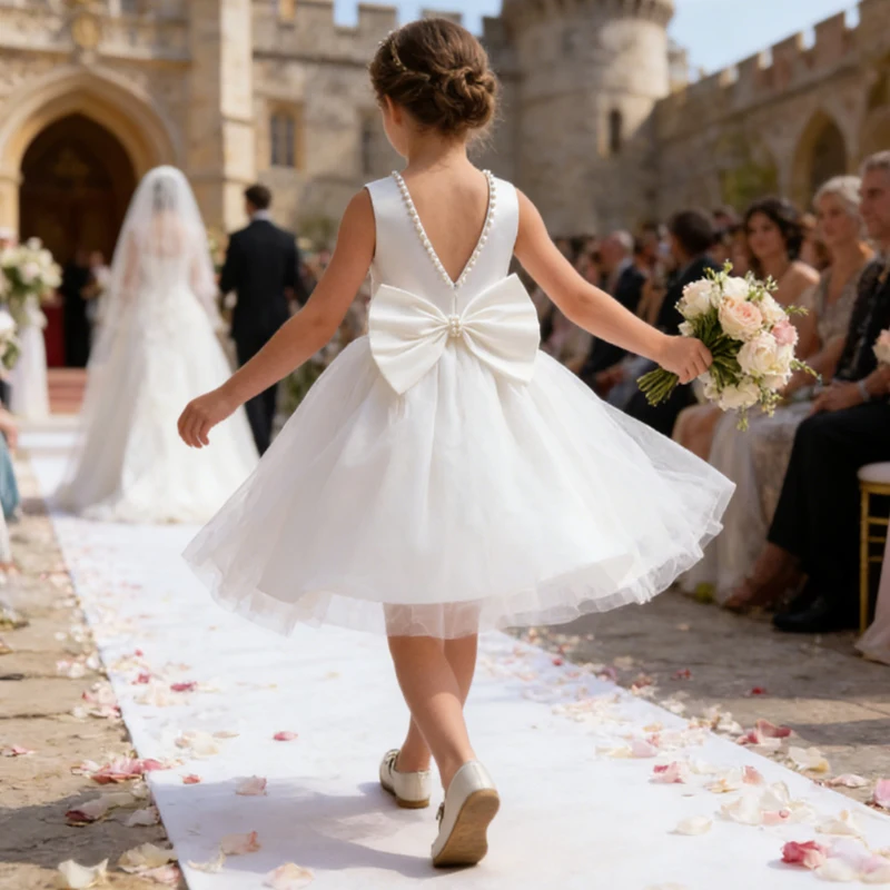 Child Ceremony Girl Dress Bow Tulle Bridesmaid Princess Dress For Girl White Dresses Elegant Festive Dress Piano Perform Gown