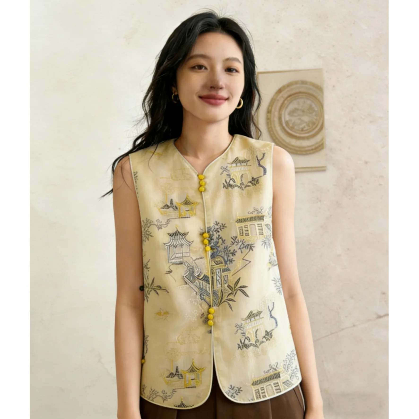 Summer Vintage Heavyweight Apocalyptic Style Women's Jacket Vest Embroidered Overlap Wear Floral Pattern Single Button Closure